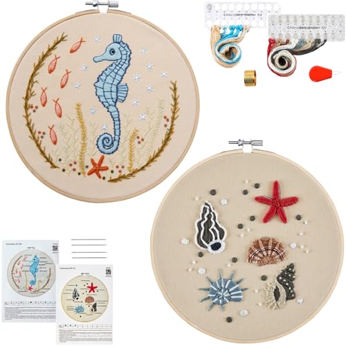 Beach Embroidery Kits for Beginners Adults, Coastal Hand Embroidery Set Needlepoint Kits, Stamped Cross Stitch Kits for Beginners Adults, 2 Embroidery Hoops, Fabric, Thread (Attached Video Tutorial) - color: Beach-2, size: 8inch
