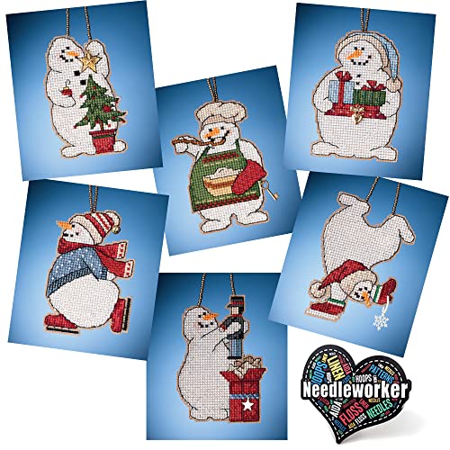 Snow Fun Snowmen Beaded Counted Cross Stitch Kits, Set of 6 - Mill Hill Ornament Kits 2021 - Plus Decorative Needleworker Sticker