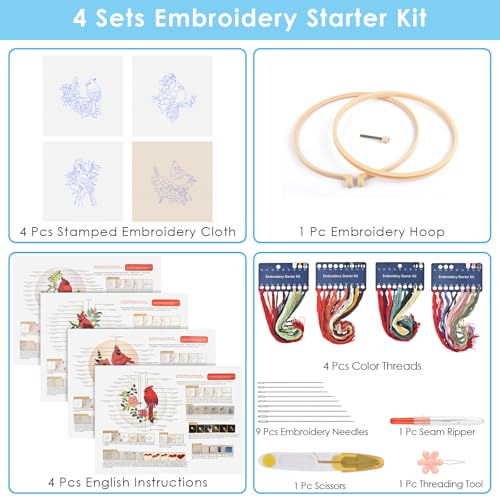 ERKOON 4 Sets Embroidery Kit, Animal Cross Stitch Set for Include Embroidery Cloth Hoops Threads for Craft Lover Hand Stitch (Cardinal) - color: Cardinal