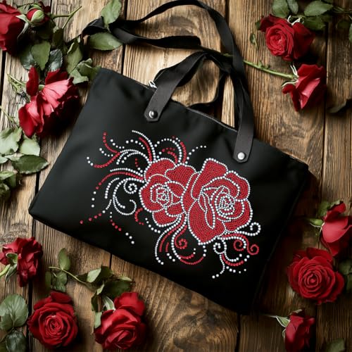 1 Pc Red Rose Pattern Rhinestone Iron on Hotfix Transfer Decal, Bling DIY Patch Clothing Repair Applique T-Shirt Vest Shoes Hat Jacket Decor Clothing DIY Accessories - style: Curled Flowers
