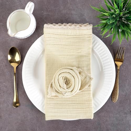 FINGERCRAFT Lace Cloth Napkins, Cotton Gauze, Set of 4, 20x20 Inch,Beige - color: Beige Gauze, size: 20" x 20" (Set of 4)