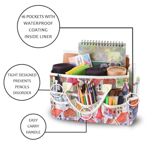 Craft Organizer Tote Bag with Multiple Pockets,Scrapbooking Art Storage - color: house