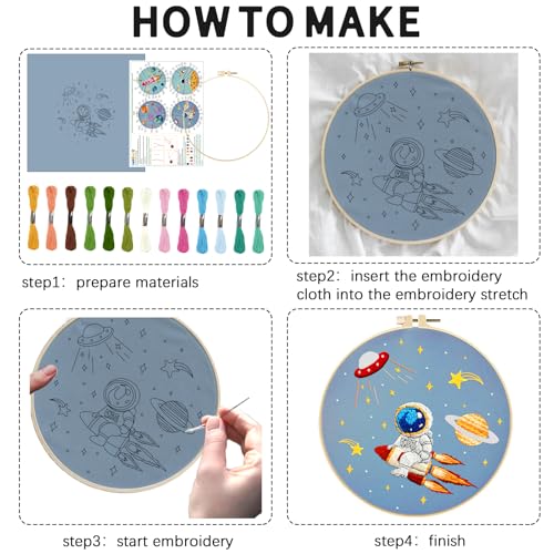 INFUNLY 4 Sets Astronaut Embroidery Kits for Beginners Space Cross Stitch Sets with Instructions Rockets Embroidery Starter Kits for Adults DIY Embroidery Needlepoint Kits Handmade Sewing Craft Sets - style: Space