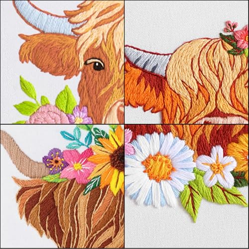 Louise Maelys 3 Set Highland Cow Embroidery Kit for Beginners Floral - color: highland cows