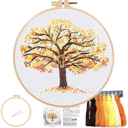 FONNUY Crewel Embroidery Kit for Beginners, Seasonal Tree Pre-Stamped Pattern Kits for Adults with Hoop, Easy to Follow Color Thread Needlework, 8'' (Yellow) - color: Yellow