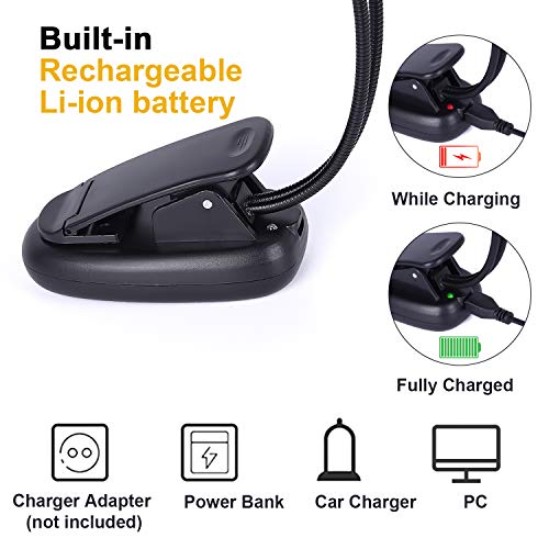 Rechargeable Music Stand Light, Clip on Reading Light, 8 LED Book Lamp, 3-Level Brightness for Eye Protection, Perfect for Piano, Orchestra, Bookworms, Craft (White & Warm, Dual Arm)