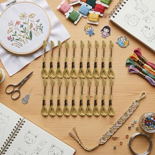 Metallic Embroidery Skein Threads for Hand Embroidery, 24 Pcs Light Gold Cross Stitch Floss for Friendship Bracelets and DIY Craft Projects