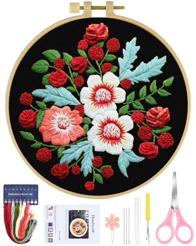 ERKOON Embroidery Kit for Beginners, Flower Cross Stitch Set for Include Embroidery Cloth Hoops Threads for Craft Lover Hand Stitch with Embroidery Skill Techniques (Dream Black Cloth) - color: Dream Black Cloth