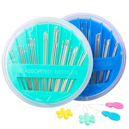Hekisn 60-Pack Premium Hand Sewing Needles Set, 6 Sizes Embroidery Needles Kit with Threaders, Assorted Large Eye Sewing Needles for Repair, DIY, Art & Craft Projects(Green&Blue) - color: Green/Blue
