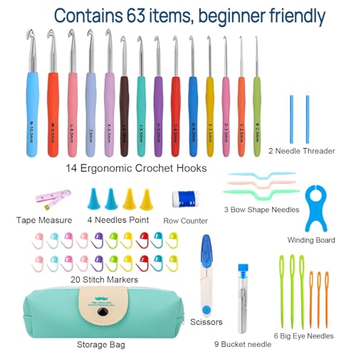 VOLYAR 14 Size Crochet Hook Set with case, 63 Pack Ergonomic Crochet Set 2mm(B)-10mm(N),Crochet Kit for Beginners, Long Crochet Needles