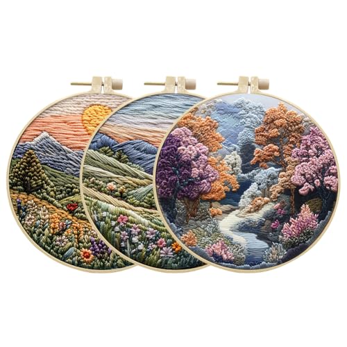 EUBUY Landscape Embroidery Kits for Beginners, Embroidery Kits for Beginners Adults, Beginners Embroidery Starter Kit with Pattern, Needle Thread DIY Embroidery Material Kit - color: Type 5