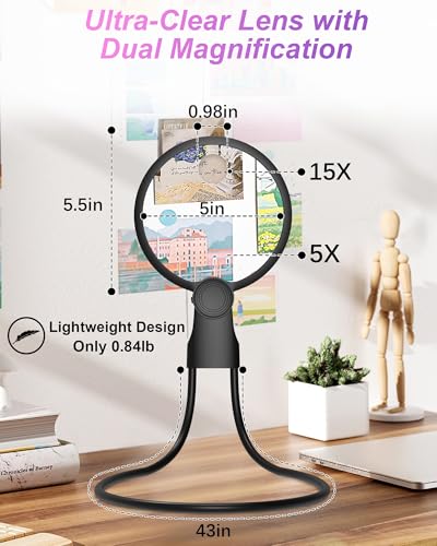 Hands Free Magnifying Glass with Light, 5X 15X Lighted Neck Magnifier for Craft Cross Stitch Needlepoint Needlework Sewing Embroidery Reading, Magnifying Glasses for Close Work, Low Vision Seniors