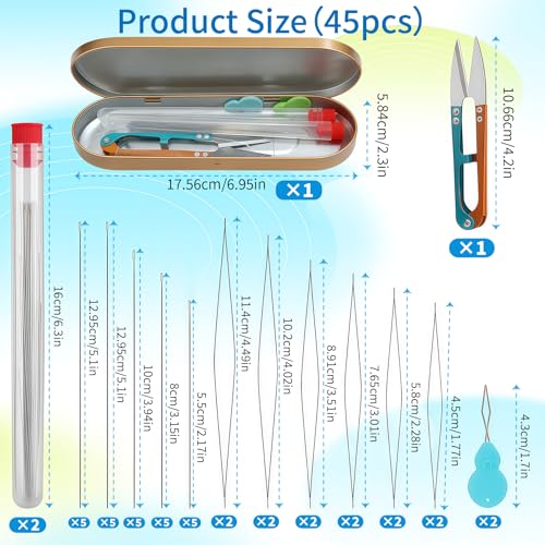 VYNFLICK Beading Needles Set - 45 pcs 6 Sizes Big Eye Seed Bead Needle, 5 Sizes Long Straight with 2 Threaders & Scissors Stainless Sewing for Beads Crafting Jewelry Making