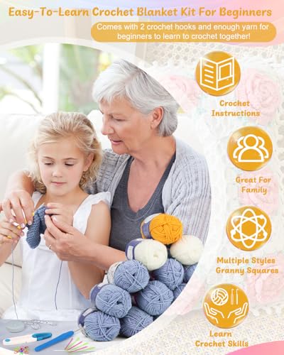 Coopay Crochet Kit for Beginners, Granny Square Blanket Kit, Blue-Purple - color: Blue-purple - Daisy