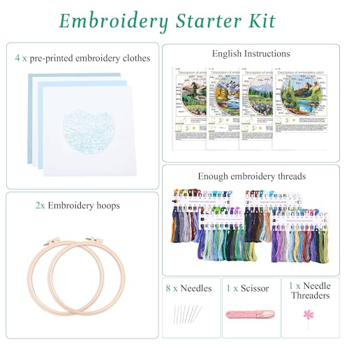Harimau Adult Beginner Embroidery Starter Kit Natural Landscape Patterns, Complete Set with 4 Patterns, 2 Hoops, Needles, Scissors, Instruction Guide & Stitching Video Tutorials - color: Blue Mountain