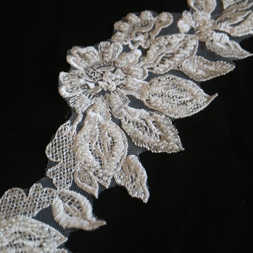 2yard Sequins Beaded Flower Embroidery lace Appliques for Wedding Dresses Rhinestone Applique Patches lace Trims parches ropa (Off White) (P3286A) - color: SPXB-P3286A-2yR22