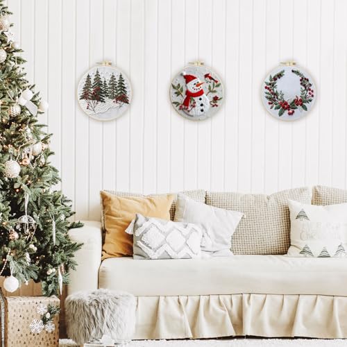 LB Red Christmas Embroidery Kit for Beginners Adults, 3 Sets Hand Embroidery Starter Kit with Cute Snowman and Instructions Stamped Cross Stitch Kits Include Embroidery Hoop Needles Threads Scissors - color: Red White