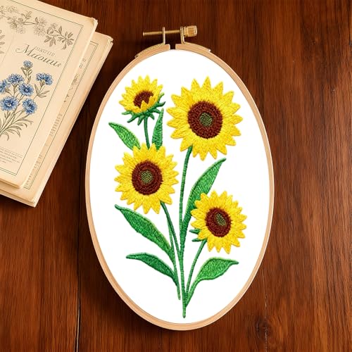 INFUNLY 6 Pack Elliptical Shape Embroidery Starter Kit for Beginners Flowers DIY Embroidery Kits for Adults Sunflower Rose Stamped Needlepoint Set with Step-by-Step Instructions Craft Lover Gift - style: Elliptical