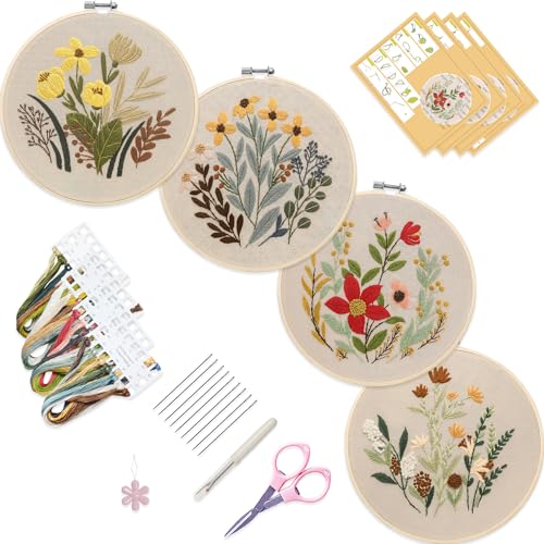 Bonroy 4 Sets Embroidery Set for Beginners, Art Craft, Easy Sewing, Includes Embroidery Clothing, Pattern, Embroidery Hoop, Instruction Manual, Colorful Thread Stitch Set (11) - color: flowers 11