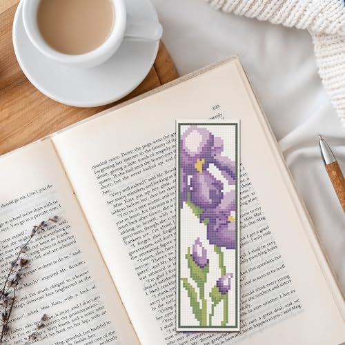 FREEBLOSS 6 Set Iris Cross Stitch Bookmark Kits Hand Embroidery Kit for Beginners Counted Cross Stitch Kit DIY Bookmark Kit Full Cross Stitch Embroidery Kit for Women Hobby 22 * 8cm - style: Iris