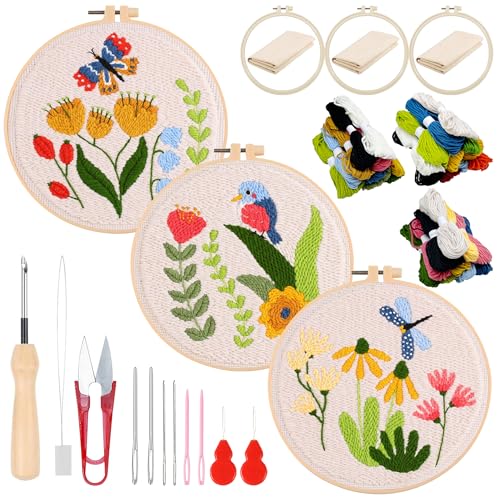 Woohome Punch Needle Kit Included Plastic Hoops, Punch Needle Cloth, Color Yarn and Punch Needle Tools for Adults, Beginners (Butterfly, Dragonfly and Bird) - color: Color 33
