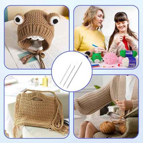 6-Piece Wool Needle Set (3 Sizes Needles - 2.0mm/3.0mm/4.0mm) with Large Eye & Aluminum Tips - Nylon Thread Rope Threader for Tapestry, Hand Weaving, Sweater Repair, Knitting, Crochet and Yarn Crafts