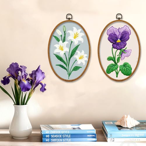 INFUNLY 6 Pack Elliptical Shape Embroidery Starter Kit for Beginners Flowers DIY Embroidery Kits for Adults Sunflower Rose Stamped Needlepoint Set with Step-by-Step Instructions Craft Lover Gift - style: Elliptical
