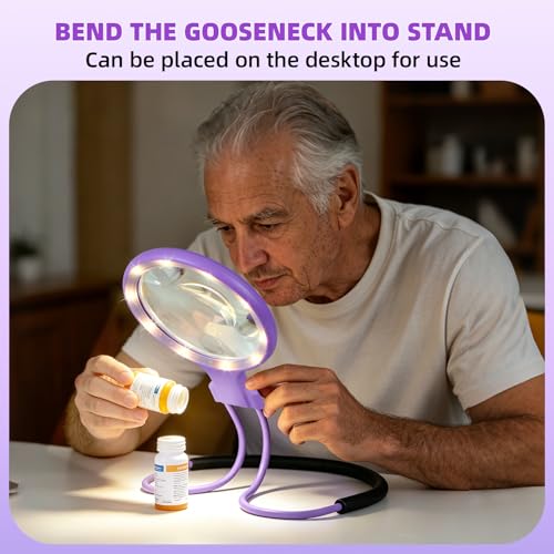 Dilzekui 5X&10X Neck Handheld 2-in-1 Magnifying Glass for Reading w/Light - color: Purple