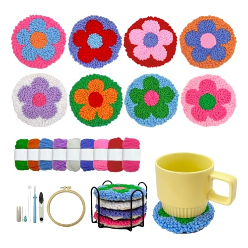 SEREDH Punch Needle Kit for Beginners Adults Easy Needle Punch Embroidery Set Including Threader Instruction Fabric Hoop Yarn Coaster DIY Making Kit Supplies,Set of 8 Flower Art Crafts Gifts - color: Flower