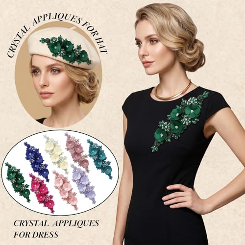 Handmade 3D Flower Embroidery Applique Rhinestone Lace Patch, Hunter Green - color: Hunter Green