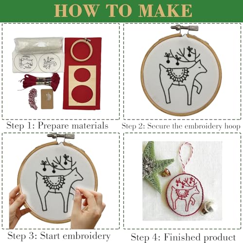 liqiaofang Jolly and Bright Hand Embroidery Christmas Ornaments Kit with DIY Material Package for Beginners Adults, Christmas 3D Novice Embroidery Needlepoint Starter Kit (A)