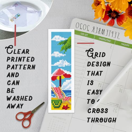 BEUNITONE 6 Pcs Summer Cross Stitch Bookmark Kits for Adults Beginners DIY Scenery Bookmarks Cross Stitch Kits with Instructions Bookmarks Punch Needle Kit for Book Lovers Reader Gift 8''x2.4'' - style: Coastal Scenery