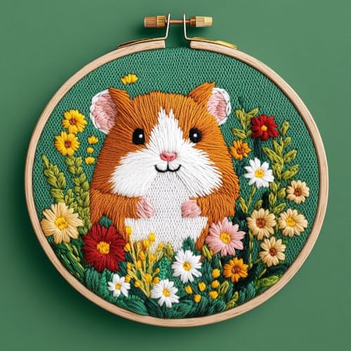 Punch Needle Kits for Beginners Cute Hamster and Wild Flowers 20x20cm-4