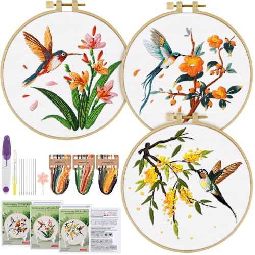 ERKOON 3 Sets Embroidery Kit, Hummingbird Cross Stitch Set for Include Embroidery Cloth Hoops Threads for Craft Lover Hand Stitch (Hummingbird) - color: Hummingbird