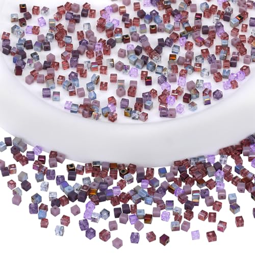 BEEFLYING 200Pcs 3mm Crystal Cube Glass Beads Square Loose Glass Spacer Beads for Jewelry Bracelet Necklace Earring DIY Craft Home Decor（0.12inch Purple - color: Purple, size: 3mm