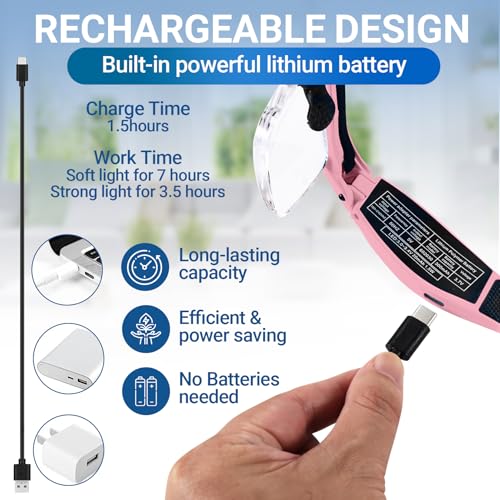 Magnifying Glasses with 3 LED Lights,Storage Case,Head Strap,5 Lenses - color: Pink With Storage Case