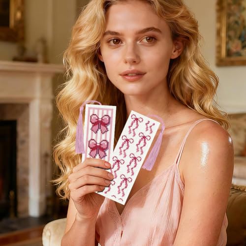 ACRNIGHEET 6PCS Cross Stitch Bookmark Kit for Beginner Cute Pink Bow Stamped Cross Stitch Kits Needlepoint Kit for Adults DIY Tassel Embroidery Bookmark Kits with Instructions Craft Gift 8.5"x3" 11CT - style: Pink Bow Patterns