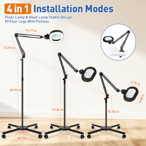 Floor Magnifying Glass with Light, 4 Wheel Stable Stand Base 12X - color: Black