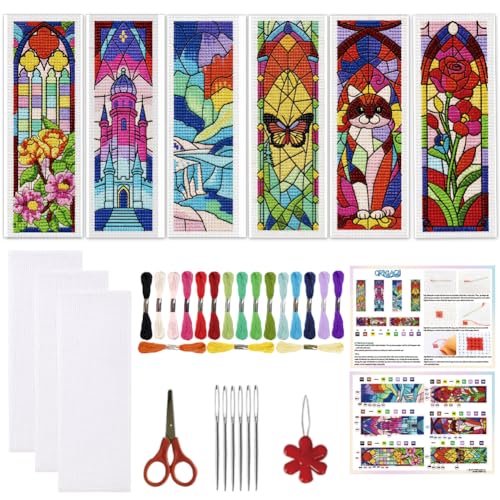 ORIGACH 6 Set Fantasy Stained Glass Cross Stitch Bookmark Kit for Beginner - style: Fantasy Stained Glass