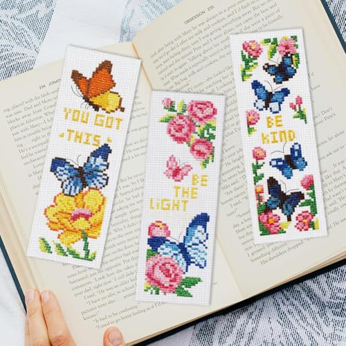 INFUNLY 6pcs Butterfly Quotes Cross Stitch Bookmark Kit DIY Embroidery Starter Set 3x8.5 Inch Cotton Linen Pre-Printed Fabric 14 Colors Floss Backing Felt Needles Threader Instructions for Book Lovers - style: Butterfly and Quotes
