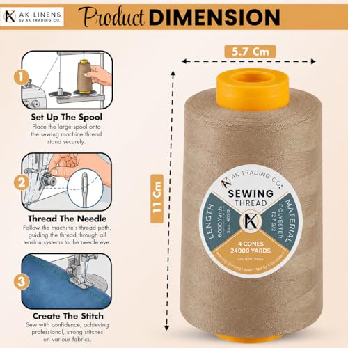 AK Trading 4-Pack Camel All Purpose Sewing Thread Cones (6000 Yards Each) of High Tensile Polyester Thread Spools for Sewing, Quilting, Serger Machines, Overlock, Merrow & Hand Embroidery. - color: CAMEL