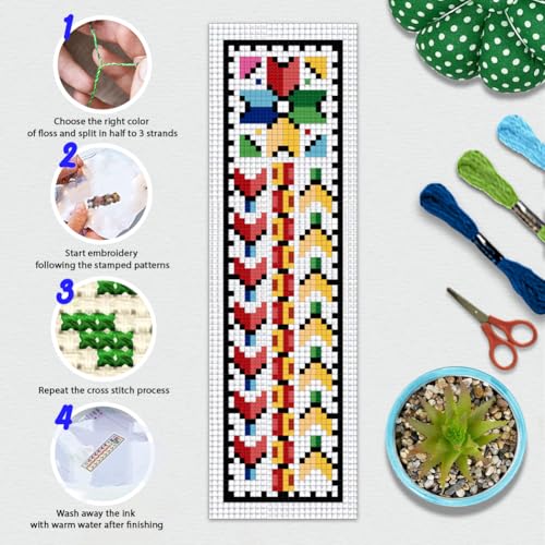 BEUNITONE Cross Stitch Bookmark Kits 6 Pcs Traditional Decorative Patterns Counted Cross Stitch Kit Hand Stamped Embroidery Kit for Beginners Floral Fabric Bookmark Making Kit DIY 8''x2.4'' - style: Pattern 2
