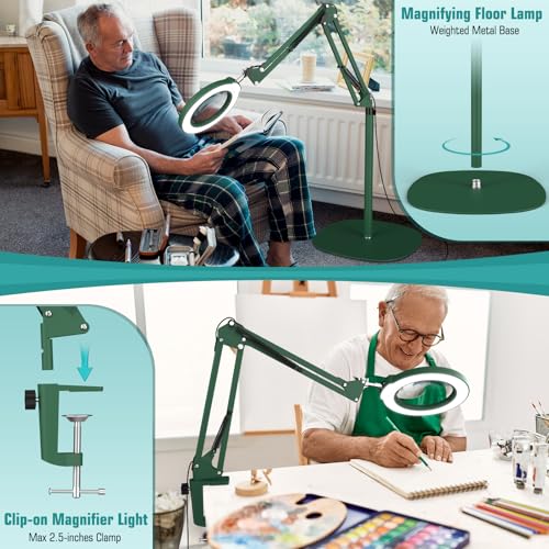 12X Magnifying Glass with Light and Stand, Real Glass Lens (Not Acrylic), 5 Color Modes, Stepless Dimmable, LED 3-in-1 Floor Lamp, Swing Arm with Clamp, Lighted Magnifier Hands Free for Crafts - Green - color: Green