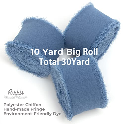Ribbli Dusty Blue Chiffon Ribbon - 1-1/2 inch x 30 Yard Handmade Fringe Silk Ribbon for Wedding Invitations, Bridal Bouquets, Flower Arrangements - color: Dusty Blue