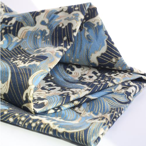 Sea Wave Fabric,160 GSM Japanese Blue Cotton Fabric Gold Hot Stamping,59 Inches Wide for Sewing Clothing Bag Tablecloth Sofa Pillow DIY Craft (Cut by the Yard) - color: Sea Wave, size: 1 yard