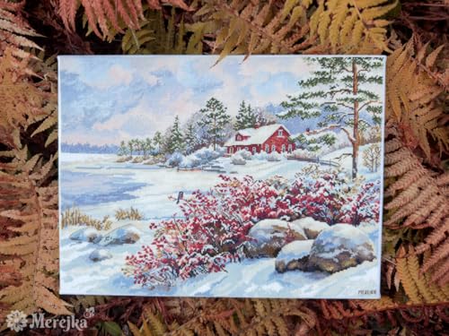 Merejka Counted Cross Stitch Kit – The Lake House K-261, Winter Cottage Lakeside Scene, Zweigart Aida 16 White, 34 DMC Threads, Finished Size 11.8 x 15.7 in (30 x 40 cm)