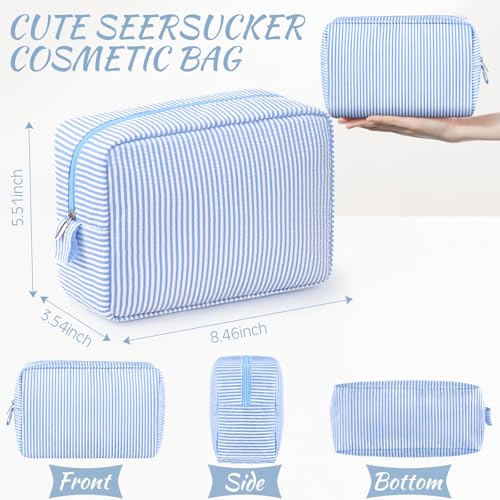 Sanwuta 3 Pcs Seersucker Makeup Bags Seersucker Cosmetic Bags Striped Women Large Travel Toiletry Organizer Preppy Storage Pouch for Embroidery Wedding Bridesmaid Gifts(Light Blue) - color: Light Blue