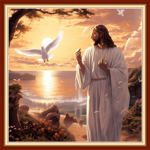 Foxdiviy Stamped Cross Stitch Kits Full Range of Embroidery Needlework Starter Kits for Beginners Adults 11CT Embroidery Patterns Art Crafts DIY Needlepoint Kits-Jesus by the Sea 18x18 inch - color: Stamped Set 30