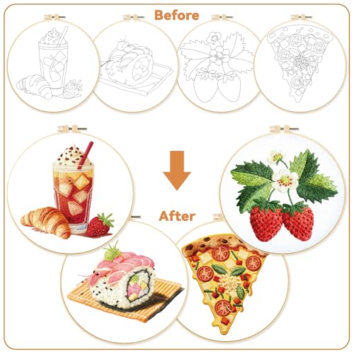 BEUNITONE 4 Set Strawberry Embroidery Kit with Hoops for Adult Beginners - style: D-Food