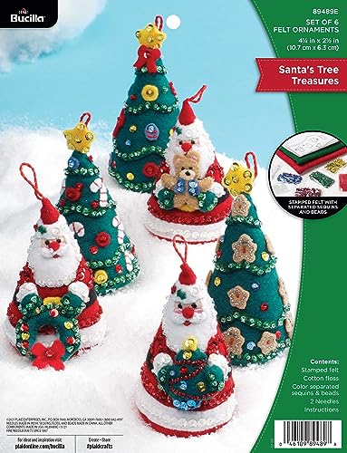 Bucilla Felt Applique 6 Piece Ornament Making Kit, Santa's Tree Treasures, Perfect for DIY Arts and Crafts, 89489E